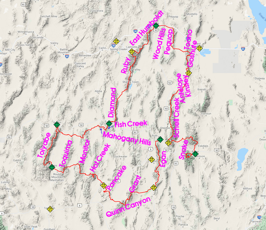 map of the mountain ranges along the basin and range trail