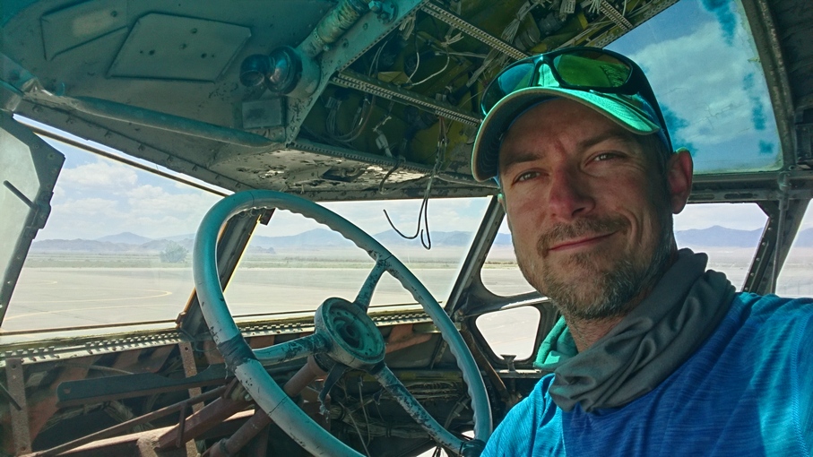 in the cockpit of the jailbord movie prop plane from conair