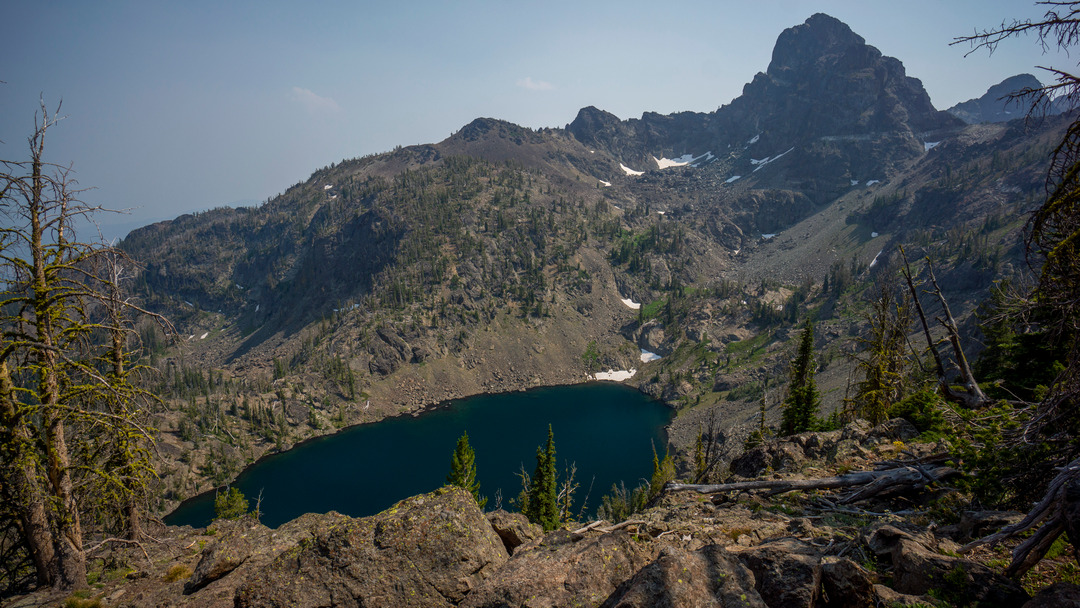elevated view of mirror lake, seven devils mountains, idaho