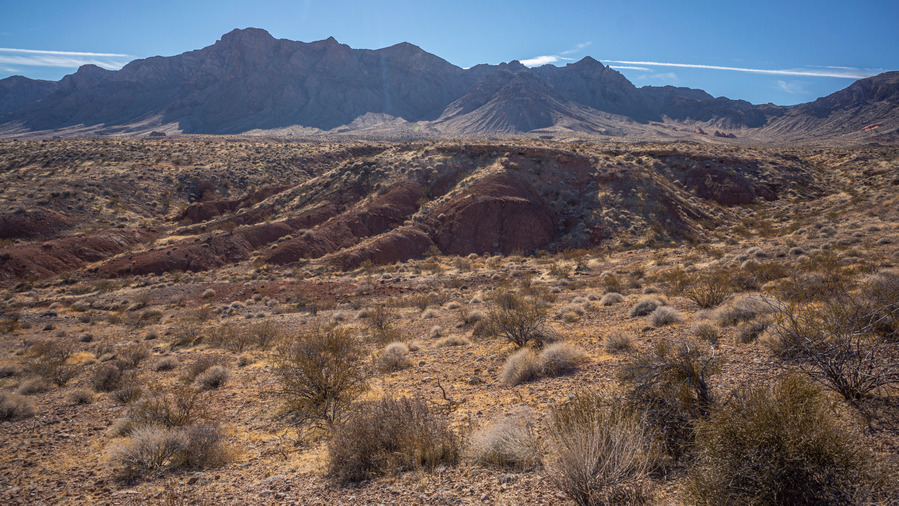 hikers view of the muddy mountains while walking across valley of fire nevada