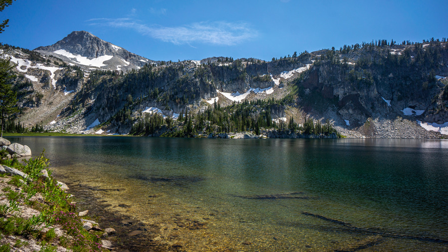 hikers view of mirror lake, wallowa mountains, eagle cap wilderness oregon