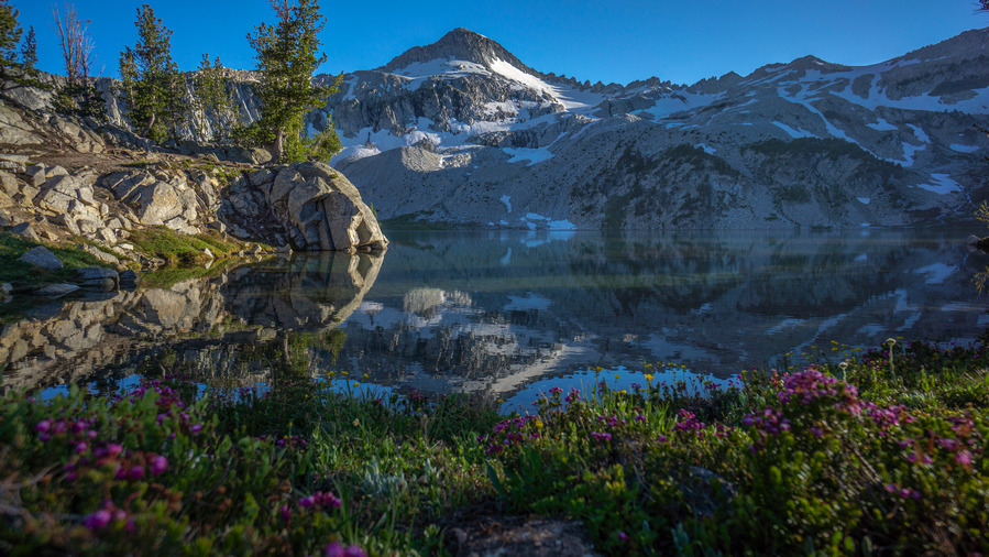 reflection on glacier lake at sunset with wildflowers and glacier peak