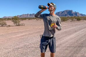 eric poulin celebrates with champagne and mcdonalds cheeseburger after completing the 600 mile mojave sonoran trail thru hike 2021