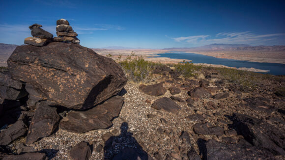 lake mead view from highpoint with cairns in black mountains nevada