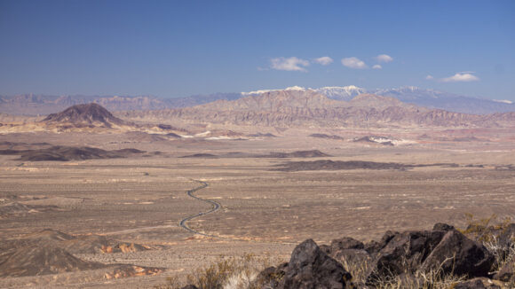 view to spring mountains from summit of black mesa, lake mead, nevada