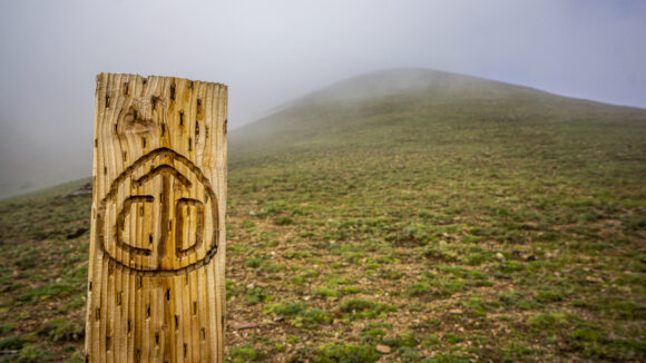 wooden post with cdt trail logo burned in on parkview mountain colorado