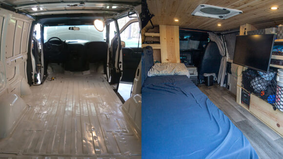 before and after photo diy astro safari stealth camper van build